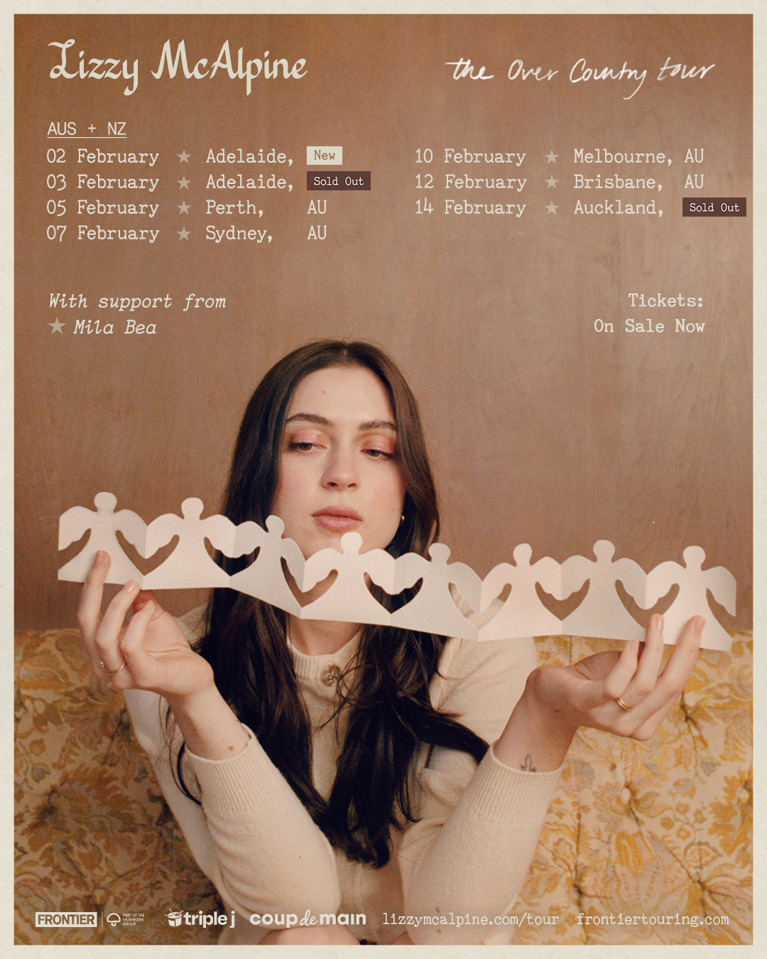 Lizzy McAlpine The Over Country Tour poster for Australia and New Zealand featuring tour dates and Lizzy holding a paper cutout chain.